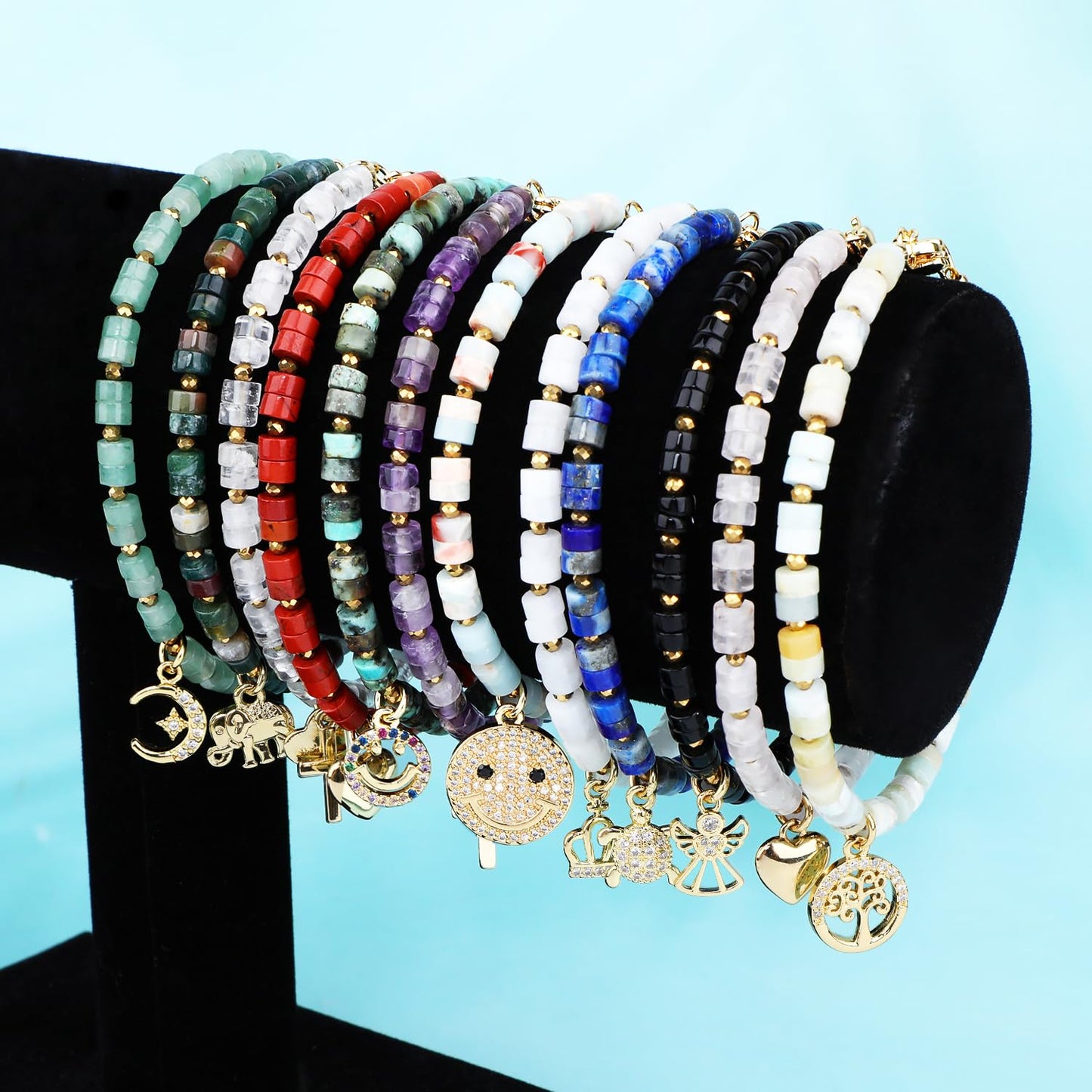 Natural Gemstone Healing Crystal Multicolor Amazonite Dainty Charms Tree of Life Bracelet Adjustable Chain Extender Minimalist Jewelry