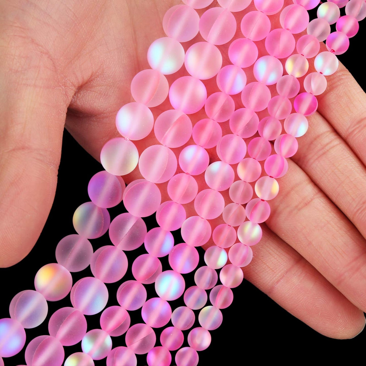 Matte Pink Aurora Crystal Glass Beads, 10MM Frosted Glitter Shining Mermaid Round Loose Beads, Rainbow Holographic Synthetic Moonstone for Jewelry Making DIY Bracelet