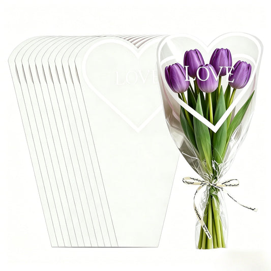 CHAQiWi Flower Bags for Bouquets Wrapping, Bulk Cellophane Sleeves for Flower Bar Supplies Wedding Birthday Mother's Day Valentine's Day (White Heart, 50PCS)