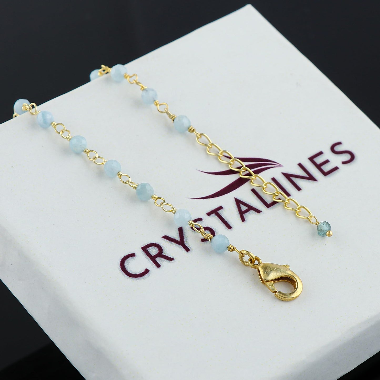 CRYSTALINES Natural Aquamarine Gemstone Rosary Chain Bracelet, 14K Gold Plated, Handmade Jewelry, Wire Wrapped Beads, March Birthstone, Adjustable Chain 8inch, Gift for Women