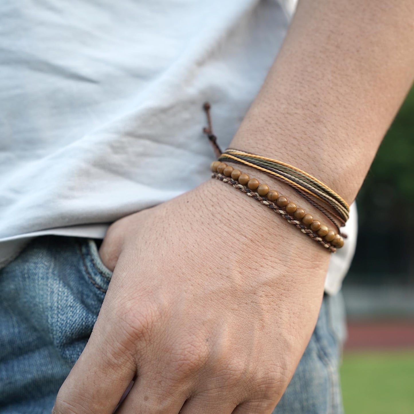 Handmade Natural Stone Beaded Healing Bracelet Gift for Men Adjustable Rope String Bracelet (Wood-Grain Yellow, Adjustable)