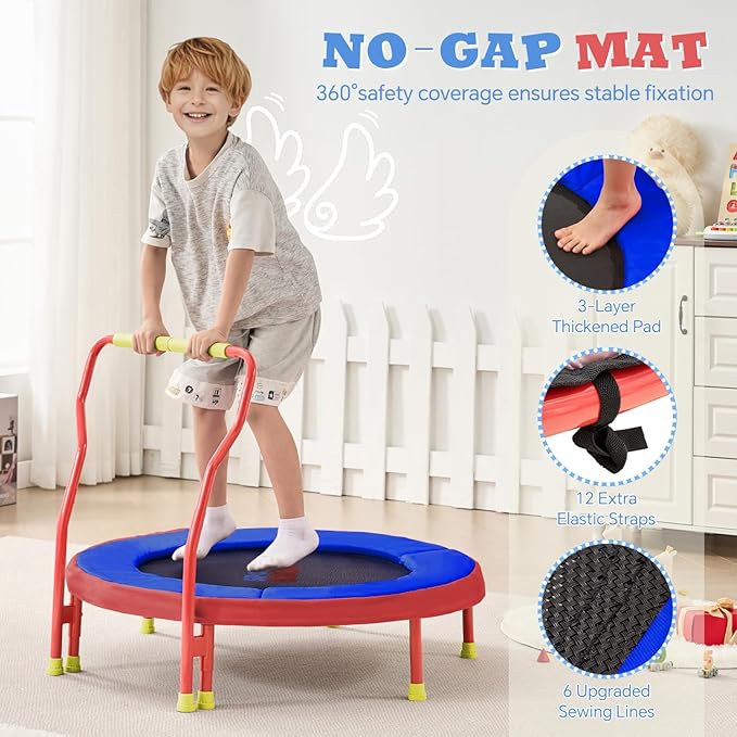 SPORTSOUL Mini Trampoline for Kids 3-6 with Super Safe Foam Handle Bar, 3ft Toddler Trampoline Indoor with No-Gap Cover for Indoor and Outdoor