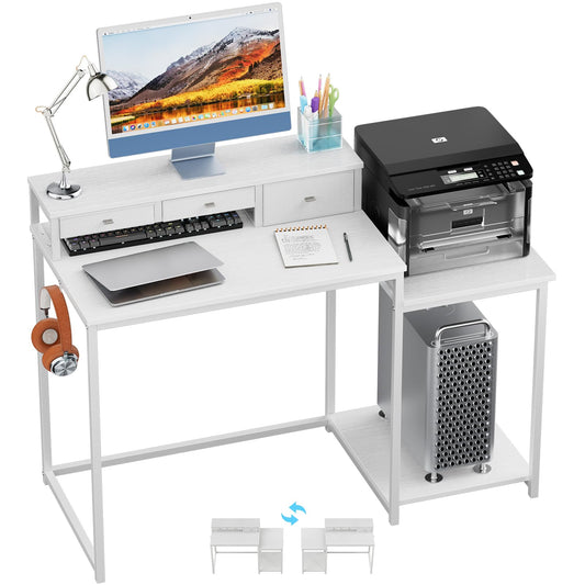 SINPAID 47 inch Computer Desk with Printer Shelf, Gaming Desk with Monitor Stand and Drawers, Reversible Home Office Desk with Storage Shelves and 2 Hooks, Home Workstation for Study Writing, White