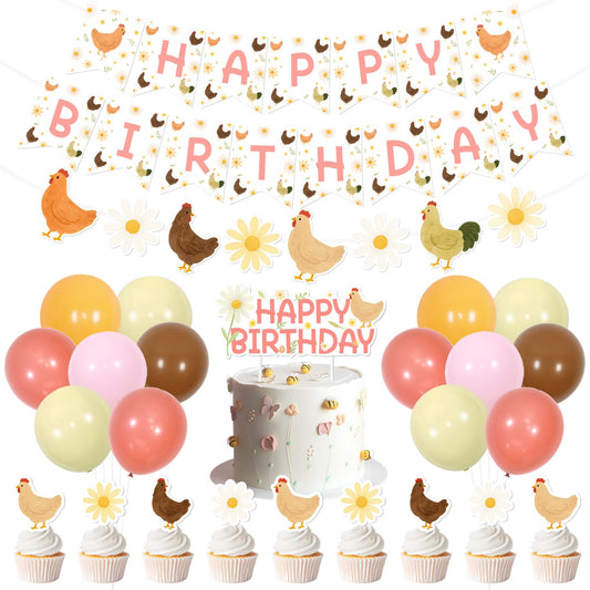 Chicken Themed Birthday Decorations Daisy Chicken Happy Birthday Banner Garland Hen Cake and Cupcake Toppers with Colorful Balloons for Girls Women Farm Animal Theme Birthday Party Supplies