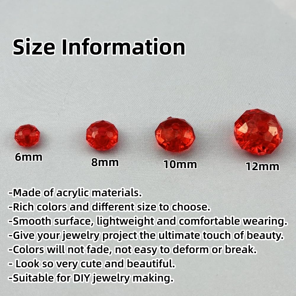 YHYPOCI 1000pcs 6mm Acrylic Crystal Beads, Faceted Rondelle Acrylic Spacer Beads for Wind Chimes Bracelet Necklace Earring Keychain Jewelry Making DIY Crafts(Red)