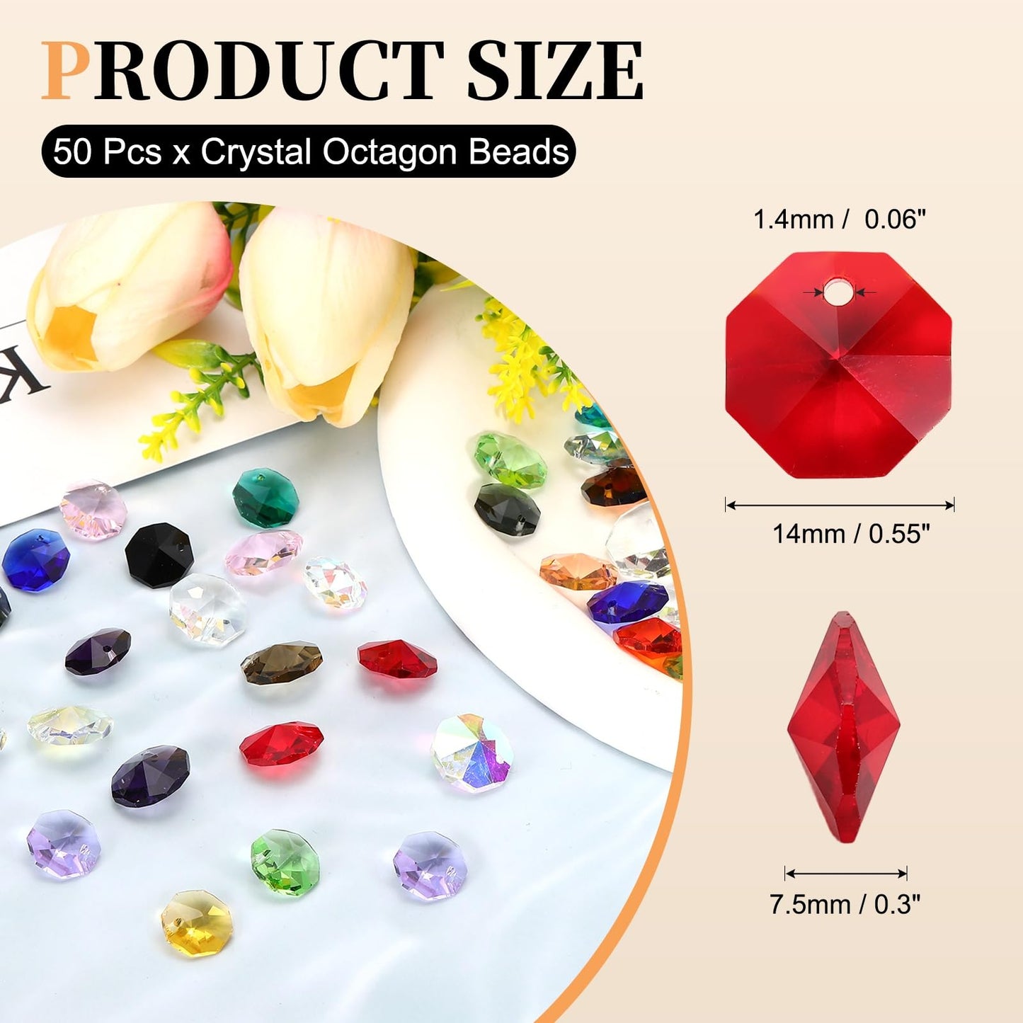 uxcell 50Pcs 1 Hole Crystal Octagon Beads, 14mm K9 Glass Hanging Chandelier Beads Prisms Parts for Crystal Chandeliers Lamp Hanging Pendant Jewelry DIY Craft, Red