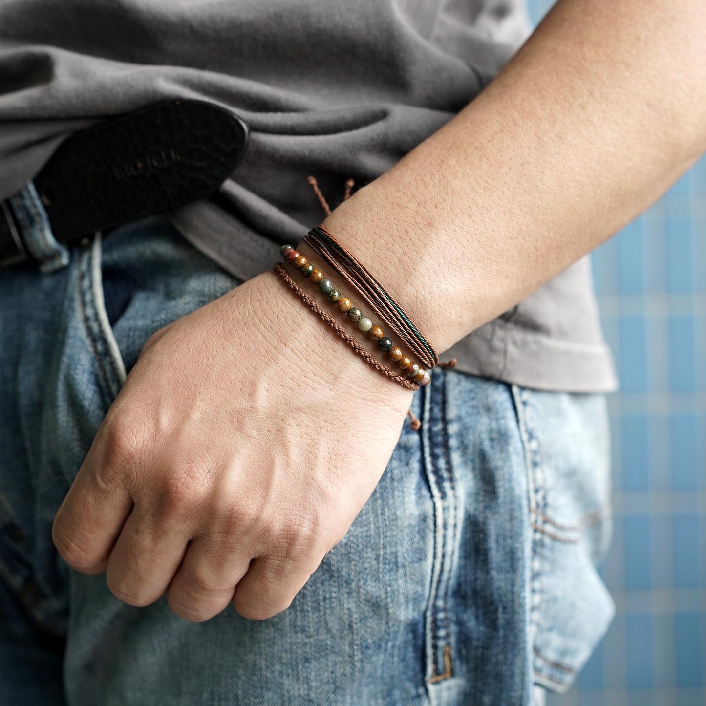 Handmade Natural Stone Beaded Healing Bracelet Gift for Men Adjustable Rope String Bracelet (Ocean Agate, Adjustable)