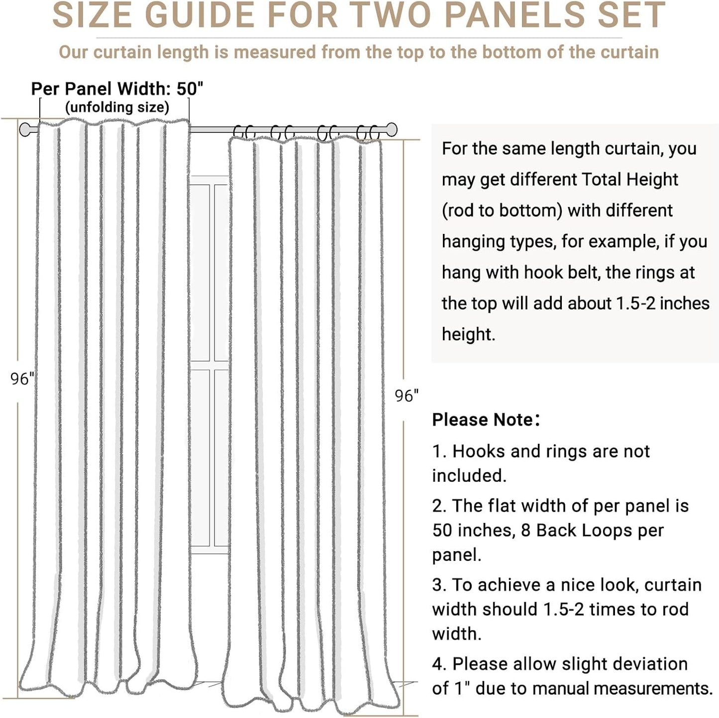 Skiennix 100% Blackout Linen Curtains - Thermal Insulated Drapes, 50" W x 96" L, Cream - 2 Panels Set