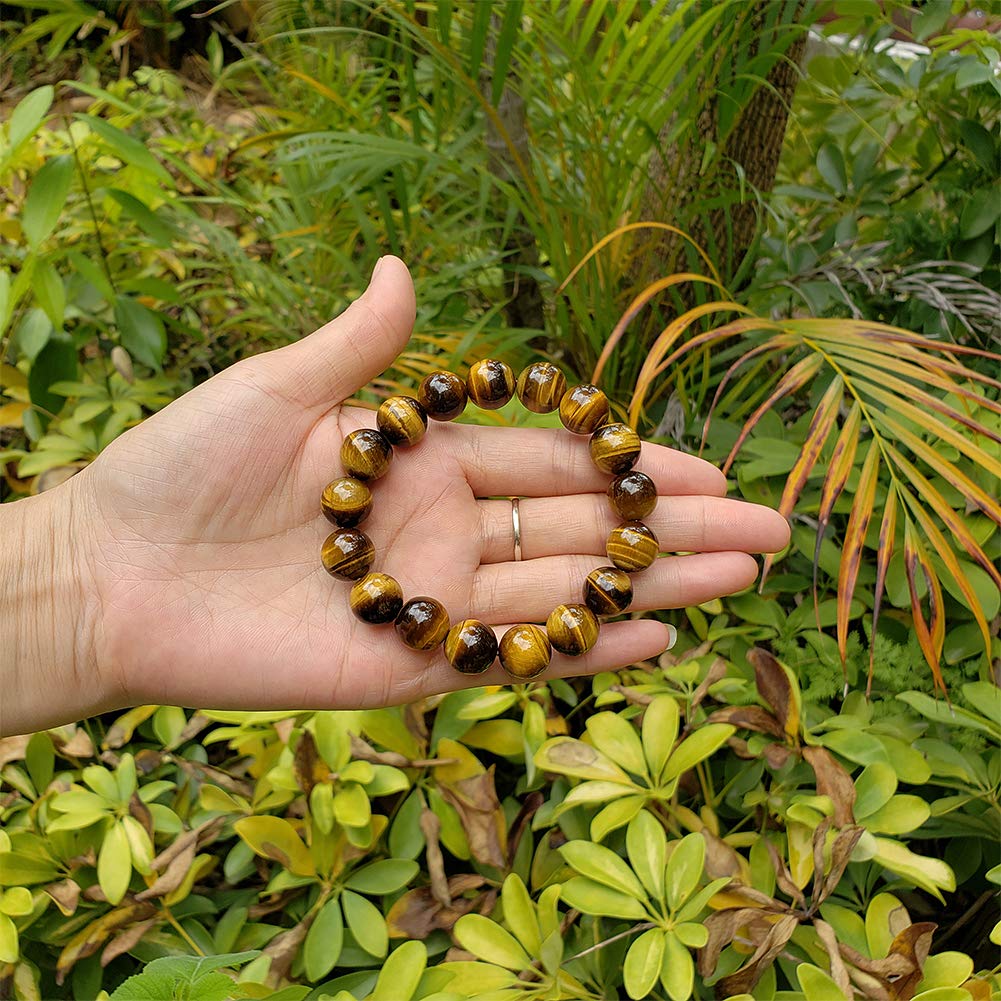chengmu 12mm Tiger Eye Stone Stretch Bracelet for Men Natural Round Beads Semi Precious Gemstone for Crystal Elastic Beaded Bracelet 8"