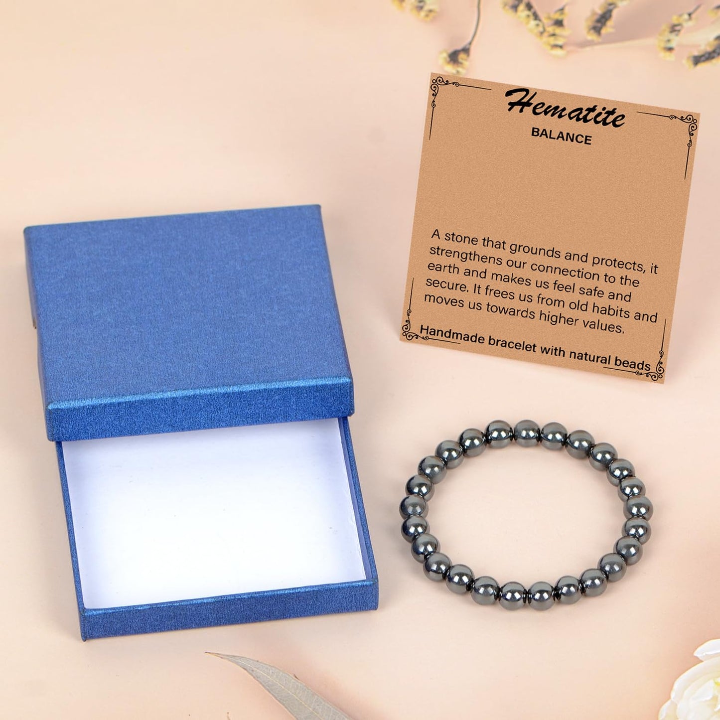 LPBeads Handmade Natural Gemstone Stretch Elastic 8mm Hematite Bracelet Healing Crystal Round Stone Beads Jewelry Gifts for Women Men