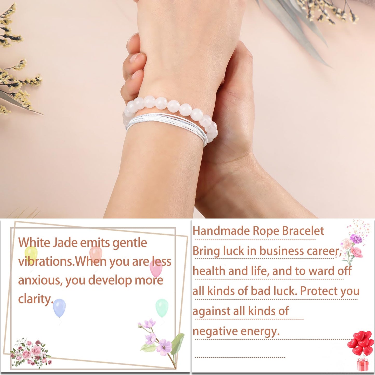 LPBeads 8mm White Jade Bracelet with Handmade Rope Bracelet Size Adjustable Natural Stone Crystal Healing Bracelets Gifts for Unisex Adults