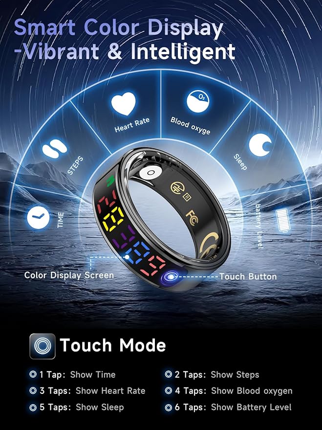 Smart Ring for Women Men, Health Ring with Colorful Display, Fitness Tracker with Heart Rate, Blood Oxygen, Sleep Monitor, No Subscription Fee, 5ATM Waterproof for iPhone & Android (Black, 10)
