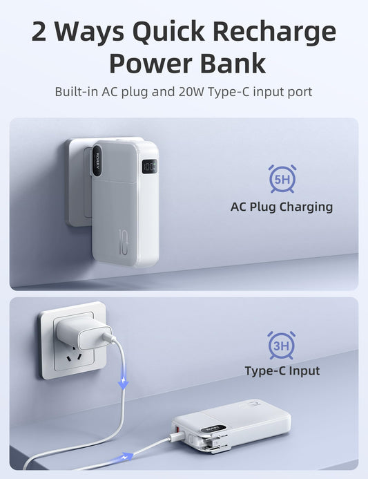 RORRY Portable Charger Built in Cables, AC Wall Plug In Portable Charger Power Bank 10000mAh Travel Battery Pack 22.5W Fast Charging for iPhone 17/16/15 Samsung Galaxy S25/S24/S23 Pixel LG iPad, Green