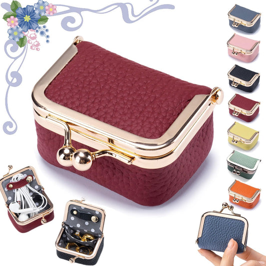 Genuine Leather Mini Jewelry Box, Portable Vintage-Inspired Genuine Leather Coin Purse Jewelry Case with Kiss Lock, Mini Travel Ring Box for Women for Earring/Ring/Necklace/Bracelet(Red)