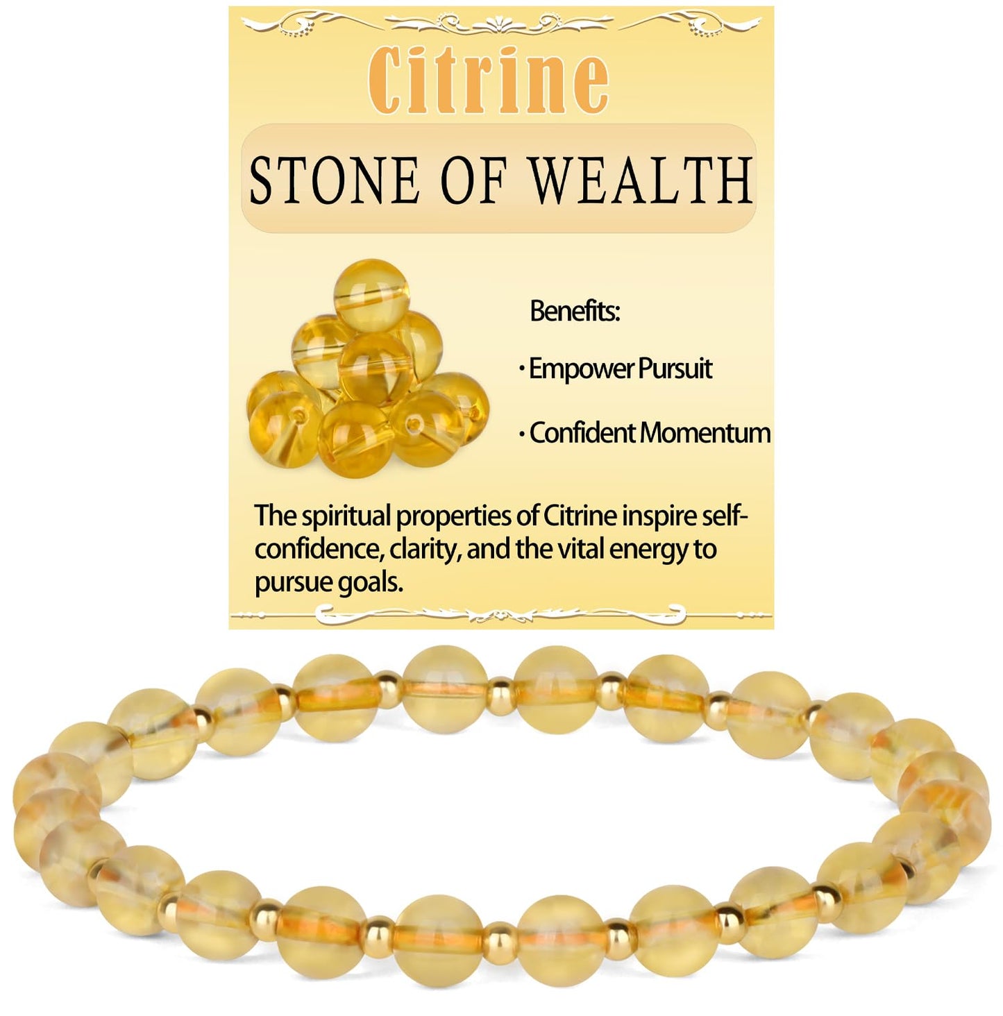 QOGIR Citrine - Stone of Wealth - 14K Gold Plated Beads Natural Gemstone Stretch Elastic Dainty Healing Beaded Bracelets Gifts 6mm