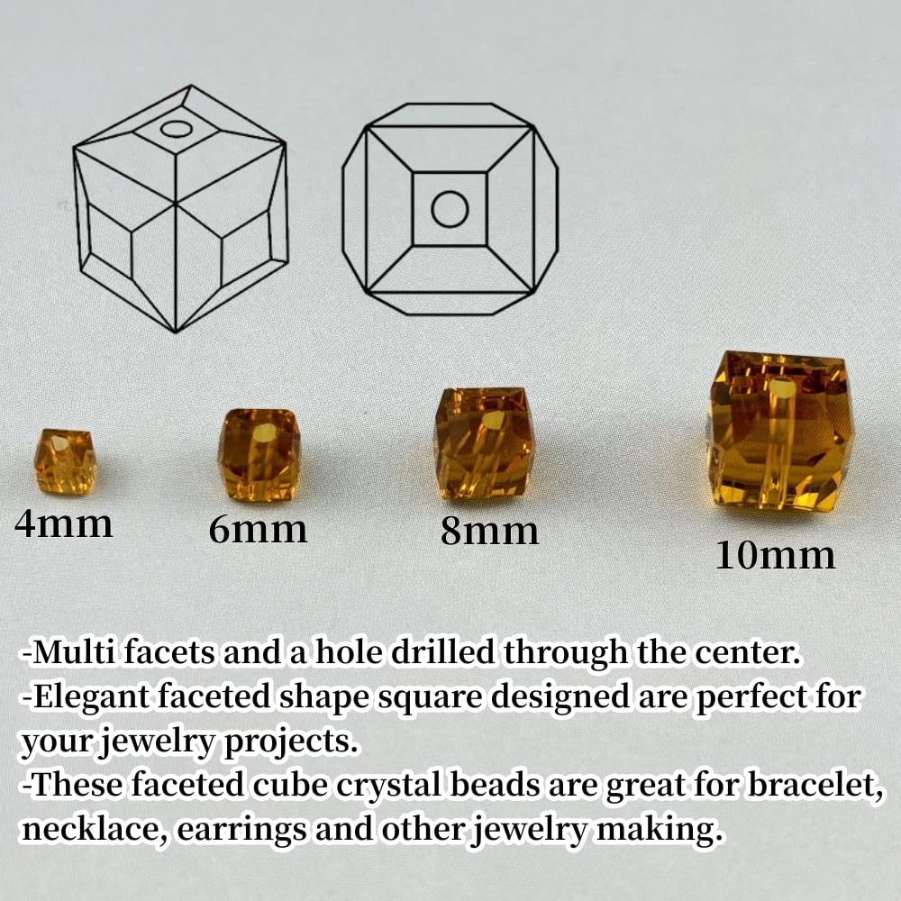 YUEXIGO 100pcs 8mm Cube Crystal Glass Beads for Jewelry Making Faceted Square Crystal Glass Bead Spacer Beads Loose Beads for Bracelet Earring Necklace DIY Craft(Amber)