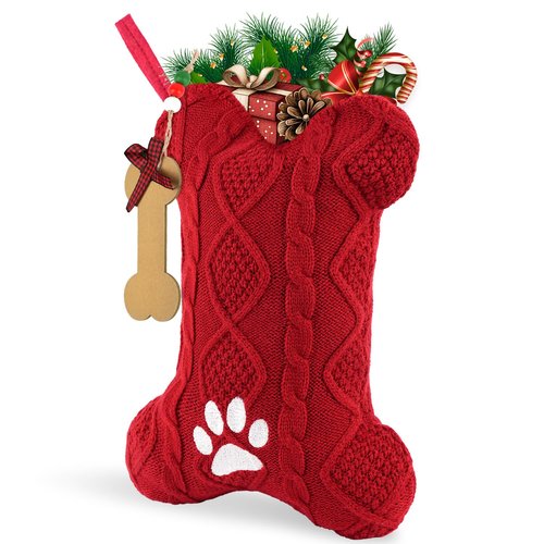 Dog Christmas Stocking –18" Red Bone-Shaped Knitted Stocking with Tag Name for Dogs, Dog Moms, and Pet Owners – 2025 Xmas Holiday Decor for Pets