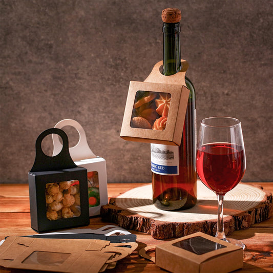 Crtiin 25 Count Kraft Paper Wine Bottle Boxes Small Hanging Gift Boxes with Window for Empty Wine Bottles, Decoration and Gifts(3.5 x 3.5 x 1.2 Inches,Multicolor)