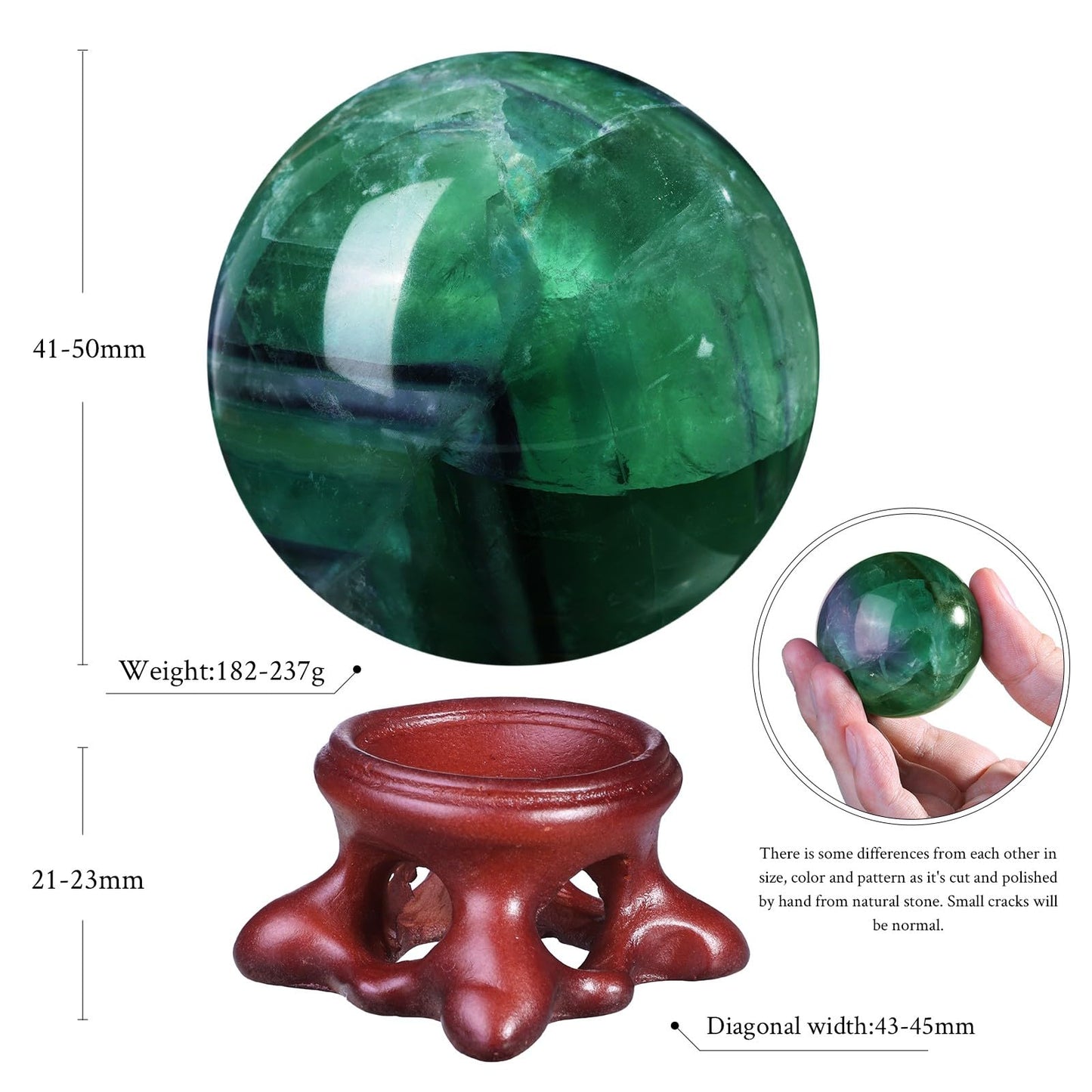 Nupuyai Natural Green Flourite Crystal Ball with Resin Stand, Healing Crystal Sphere for Home Decor 1.61"-1.97"(41mm-50mm)
