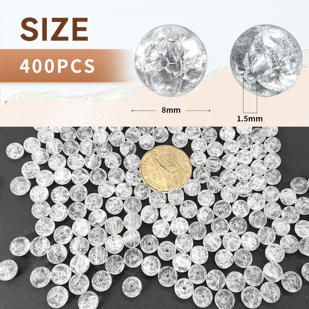 PAMIR TONG 400pcs 8mm Round Glass Beads for Bracelet Pretty Smooth Loose Beads for Necklace-Earring-Jewelry Making and DIY Crafts (Crackle White)