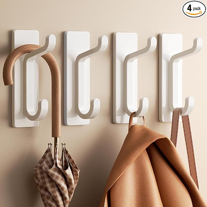 pickpiff Wall Hooks for Coat and Towel: 13LB Strong Adhesive Door Hanger Stick on, White 4 Pack
