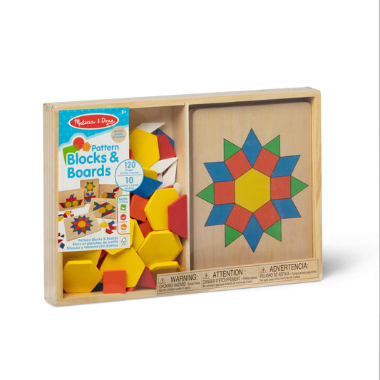 Melissa & Doug Pattern Blocks and Boards with 120 Multi-Colored Wooden Shape Tiles, 5 Double-Sided Puzzle Boards, Tangram Puzzles, Montessori Toys for Girls & Boys