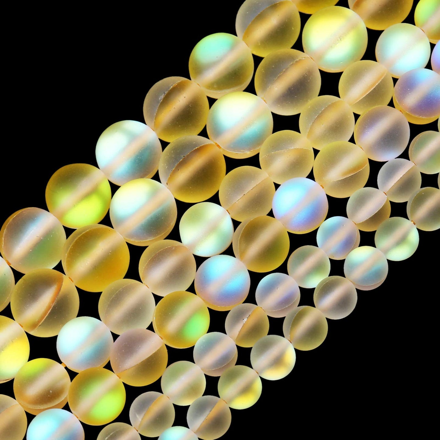 Matte Yellow Aurora Crystal Glass Beads, 10MM Frosted Glitter Shining Mermaid Round Loose Beads, Rainbow Holographic Synthetic Moonstone for Jewelry Making DIY Bracelet