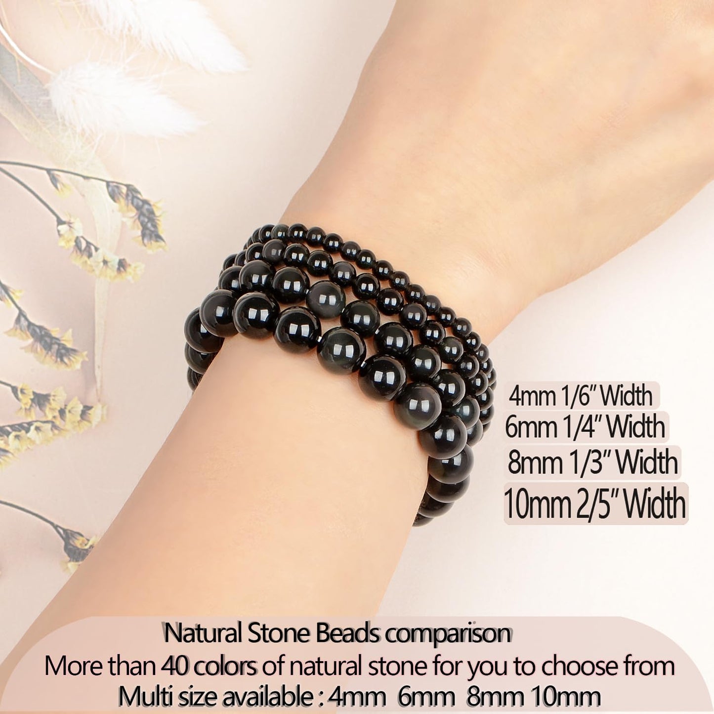 LPBeads Handmade Natural Gemstone Stretch Elastic 10mm Black Obsidian Bracelet Healing Crystal Round Stone Beads Jewelry Gifts for Women Men