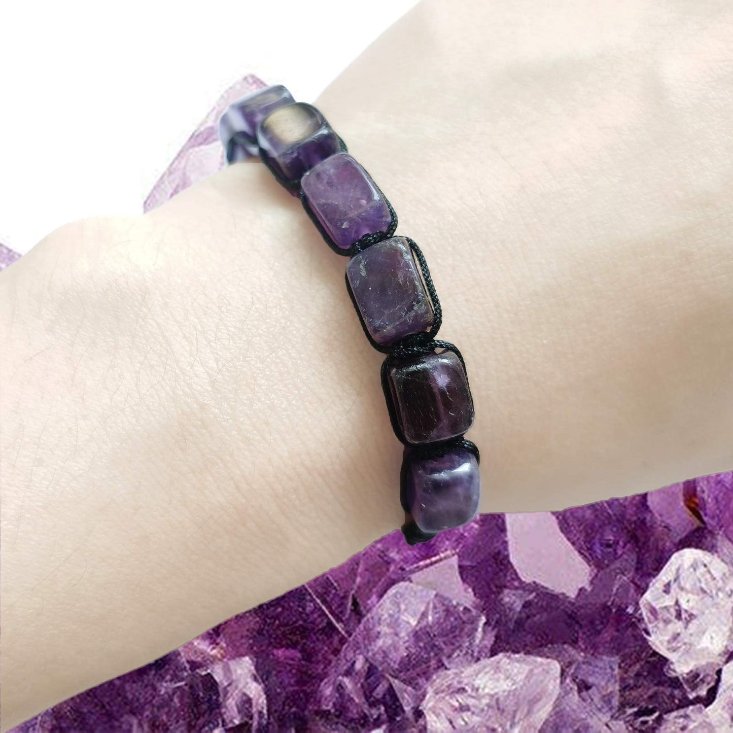 HESHPAWS 2 Pack Genuine Amethyst Adjustable Bracelets Crystal Healing Stones Bracelets Supernatural Reiki Bead Bracelets for Women Men (Amethyst)