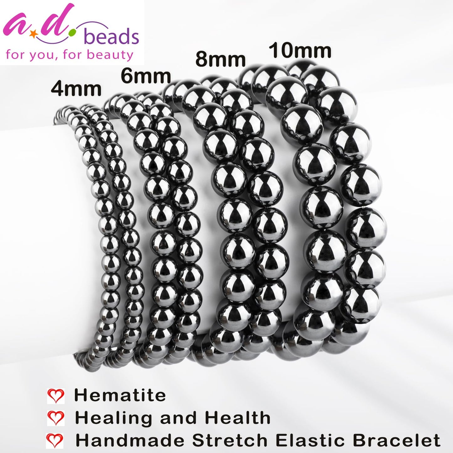 AD Beads 10mm Handmade Hematite Elastic Bracelet – Natural Gemstone for Healing and Health – Meditation, Yoga, Healing and Energy Gift for Men Women