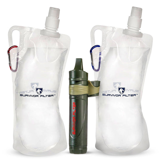 Survivor Filter Squeeze Kit – Emergency Water Straw with 2 Collapsible 33.8 fl oz Bottles – USA-Tested – 0.05 Micron Filtration – Portable Outdoor Water Filter for Camping & Hiking – No Expiration