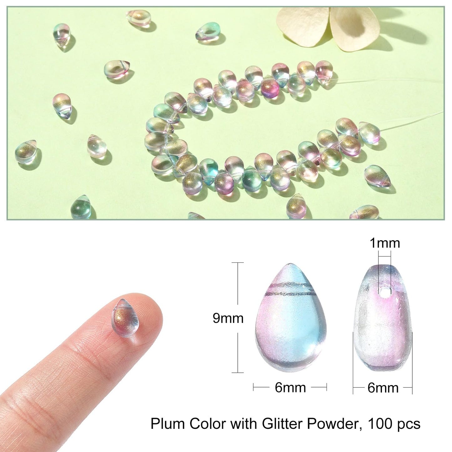 UR Urlifehall 100 Pcs Glass Teardrop Charms Transparent Spray Painted Glass Beads with Glitter Powder Beads for DIY Jewelry Crafts Making