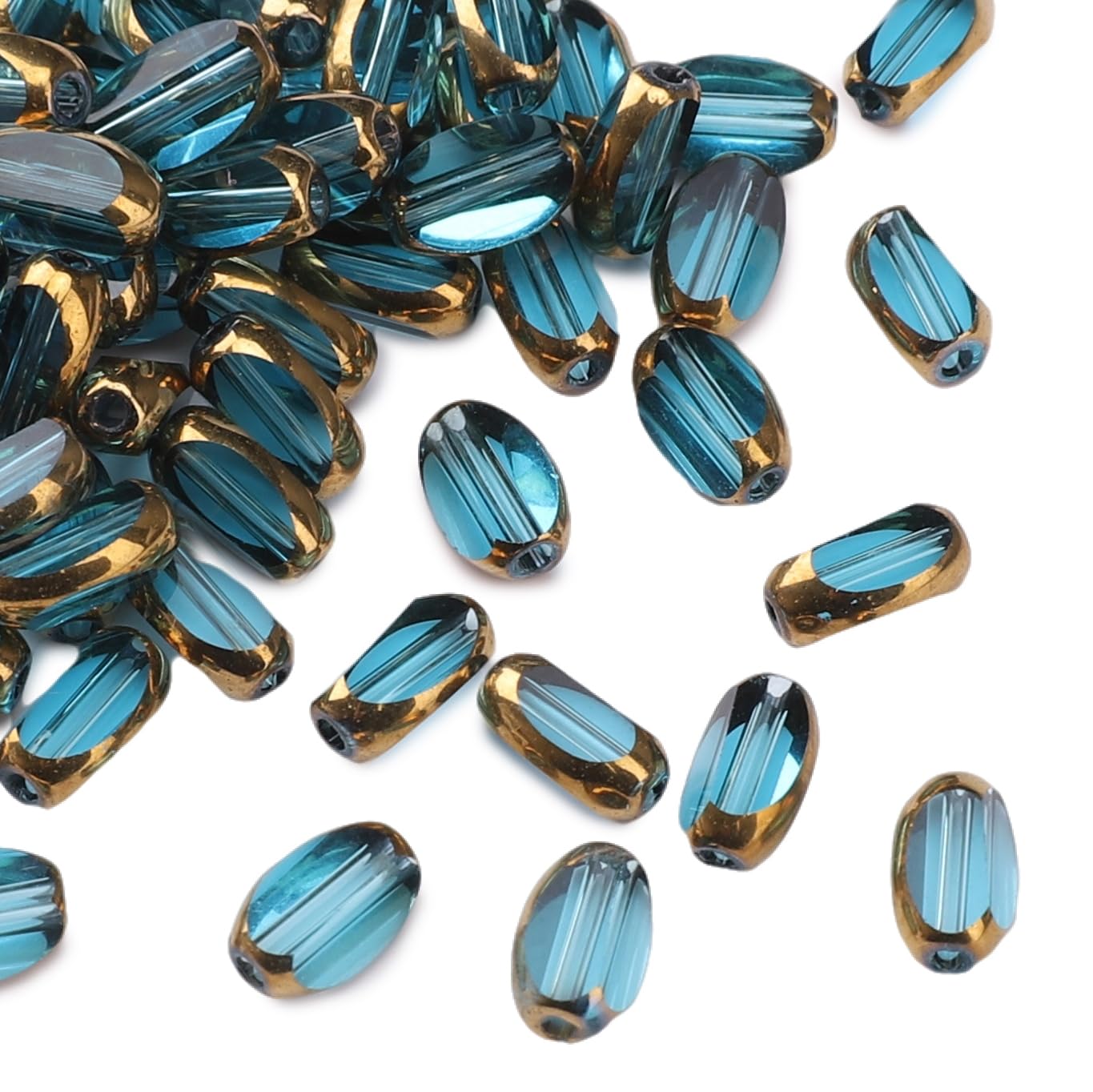 DADIFEN Glass Rice Beads Clear Lake Blue 4x6mm 50pcs Faceted Oval Golden Edge Crystal Loose Beads for DIY Craft Jewelry Making
