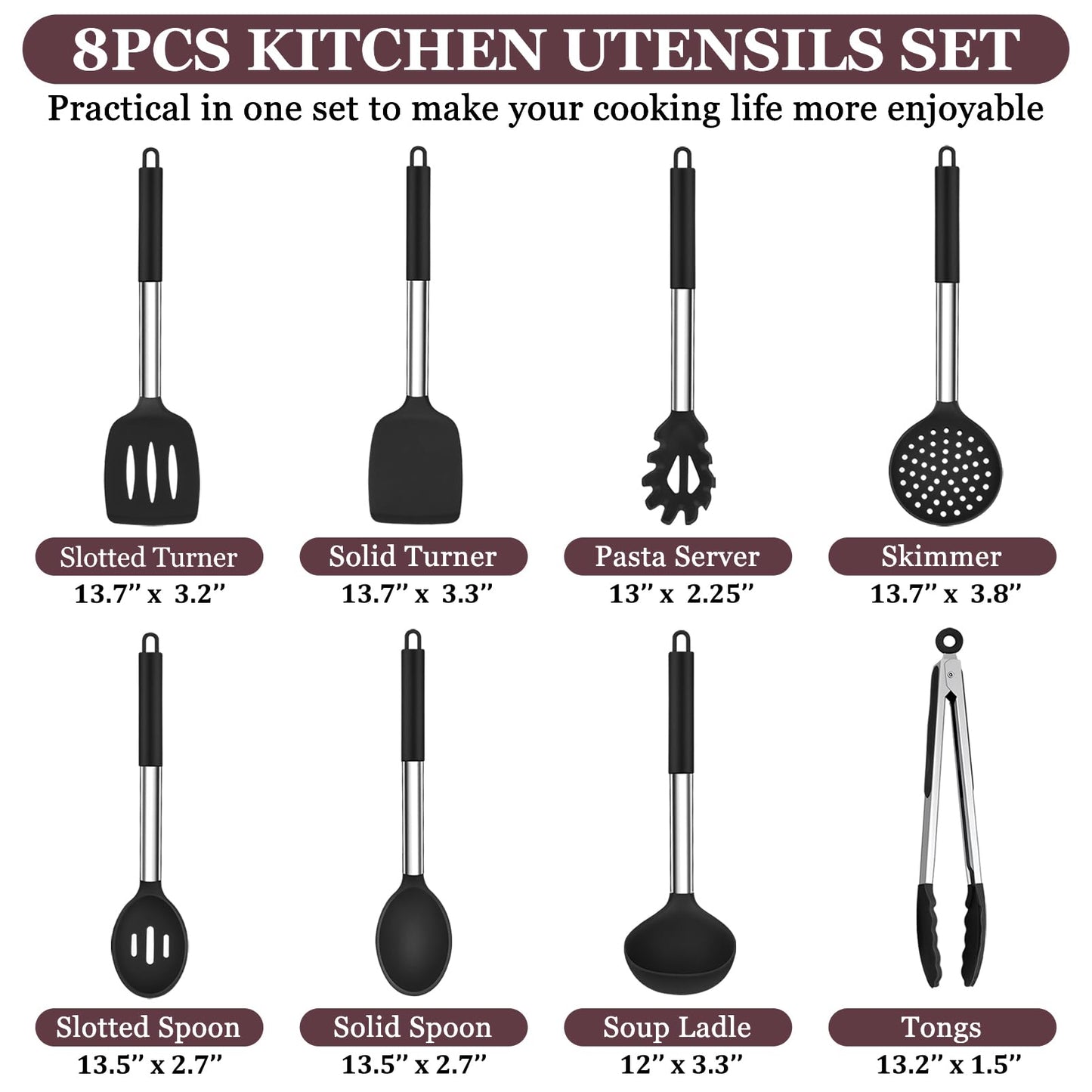 TeamFar Kitchen Utensils Set of 8, Silicone Utensils Kitchen Tools Set with Stainless Steel Handle, for Frying Serving Flipping Draining, Non-toxic & Heatproof, Nonstick & Dishwasher Safe - Black