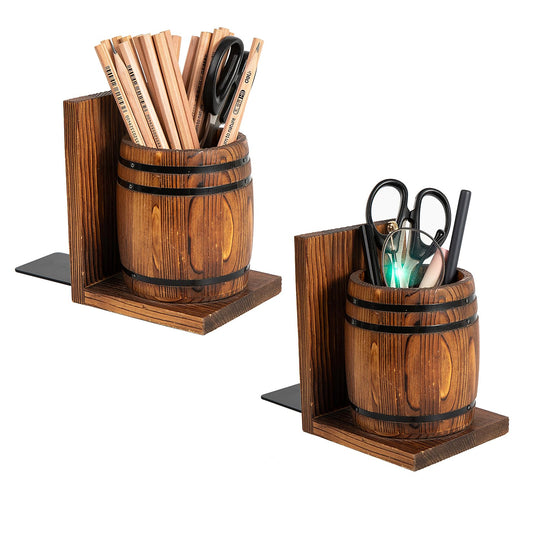 ExoLiry Rustic Torched Brown Wooden Bookends Set of 2 Wine Barrel Pen & Pencil Holders Accessories Containers L-Shaped Book Stoppers Desk Shelf Vintage Desktop Wood Organizer Home Office Library Study