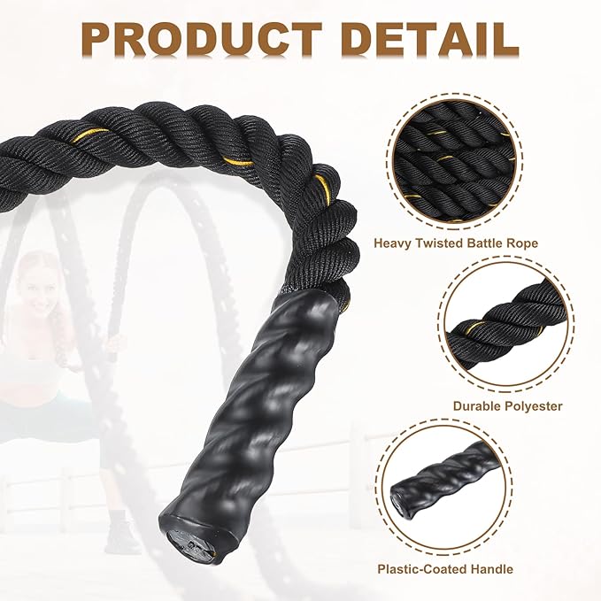 MECCANIXITY Battle Rope 40ft x 2 Inch Polyester Workout Rope Heavy Fitness Exercise Rope for Strength Training Home Gym Muscle Building, Black Yellow