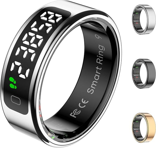 Smart Ring Health Tracker with Display Screen, Sleep Tracker with Heart Rate, Fitness Ring Step Tracker for Activity Monitoring/Steps/Calories,Wireless Charging, for iOS Android (Silver,9#)