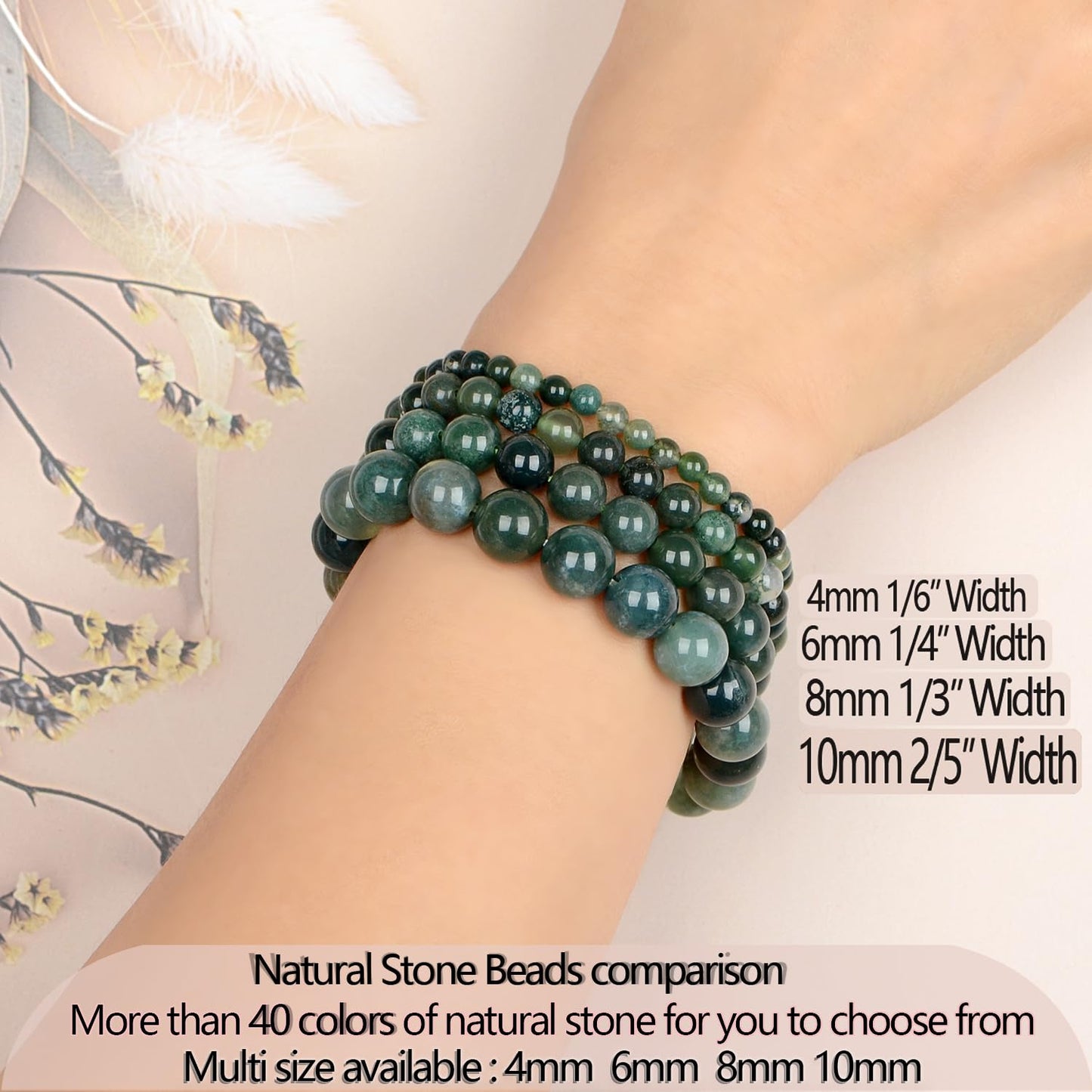 LPBeads Handmade Natural Gemstone Stretch Elastic 10mm Moss Agate Bracelet Healing Crystal Round Stone Beads Jewelry Gifts for Women Men