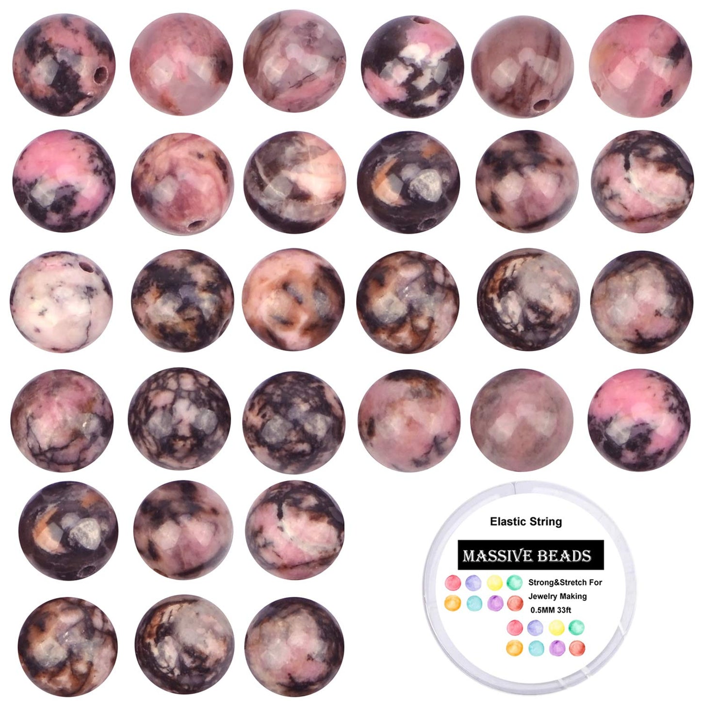 100PCS Gorgeous Black Stripe Rhodonite Natural Gemstone Loose Beads 8mm Smooth Round DIY Bracelet Necklace for Jewelry Making (Pink Black Rhodonite, 8MM)