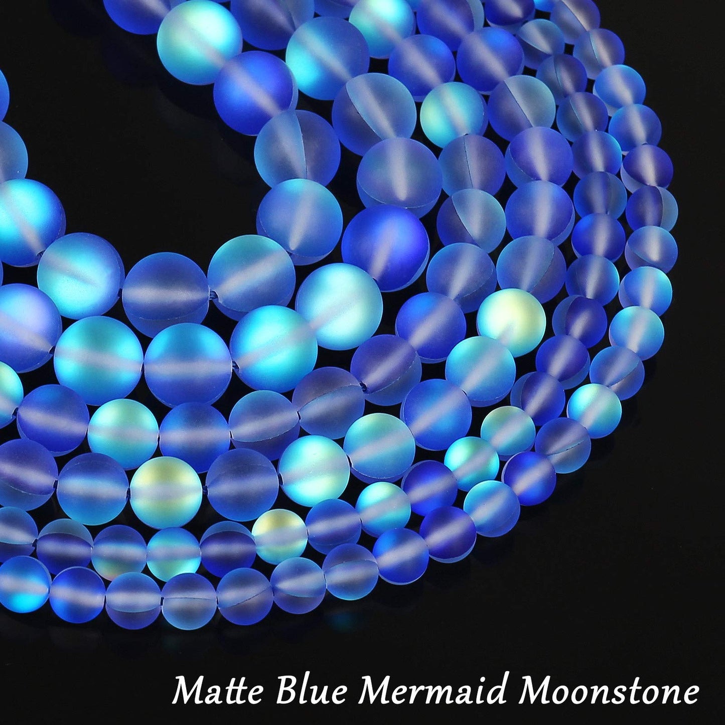 Matte Blue Aurora Crystal Glass Beads, 6MM Frosted Glitter Shining Mermaid Round Loose Beads, Rainbow Holographic Synthetic Moonstone for Jewelry Making DIY Bracelet