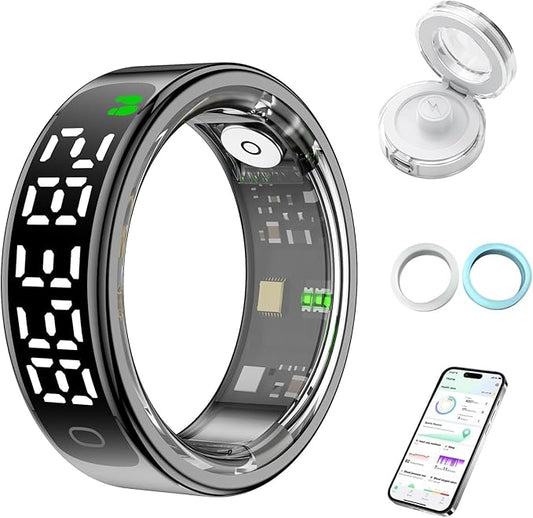 Smart Health Ring for Women Men, Smart Ring Fitness Tracker for iOS Android, Heart Rate, Blood Oxygen, Blood Pressure, Sleep Monitoring,5ATM Waterproof, No Subscription Fee (Black, 9#)