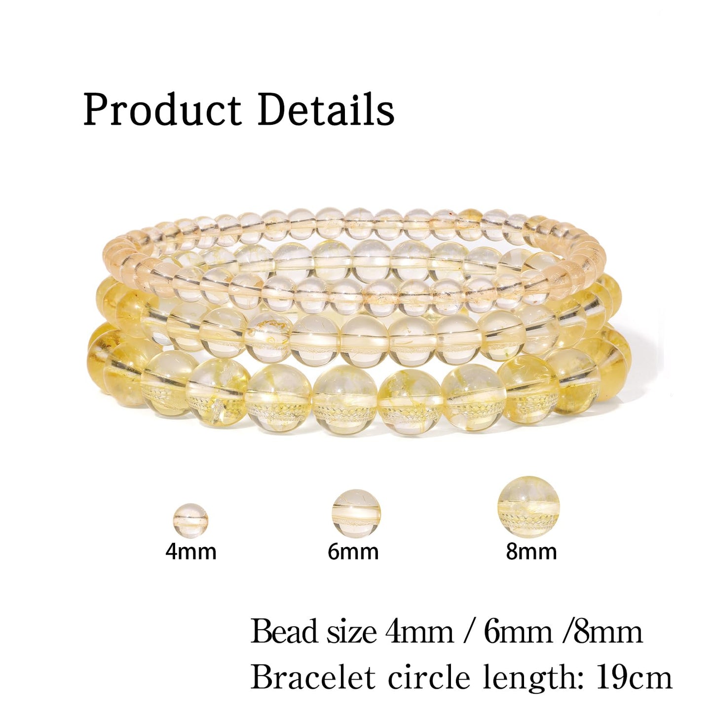 Risyfjew 3 PCS Natural Stone Citrine Beaded Bracelet 4mm 6mm 8mm Healing Crystal Stretch Bracelets Women Citrine Crystal Gifts for Women