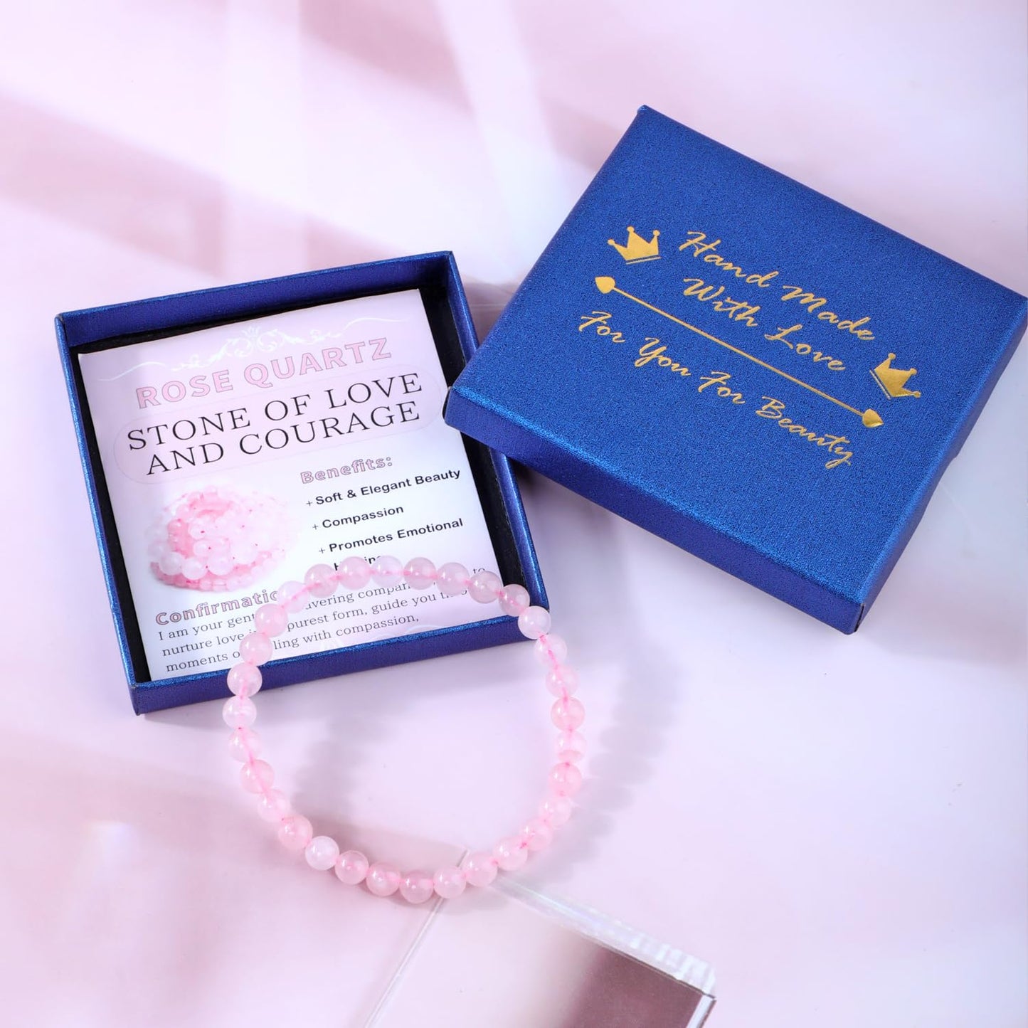 Bymitel 6mm Pink Quartz - Handmade Reiki Gemstone Stretch Bracelet, Natural Beauty & Spiritual Essence, Crystal Healing for Unisex Adults