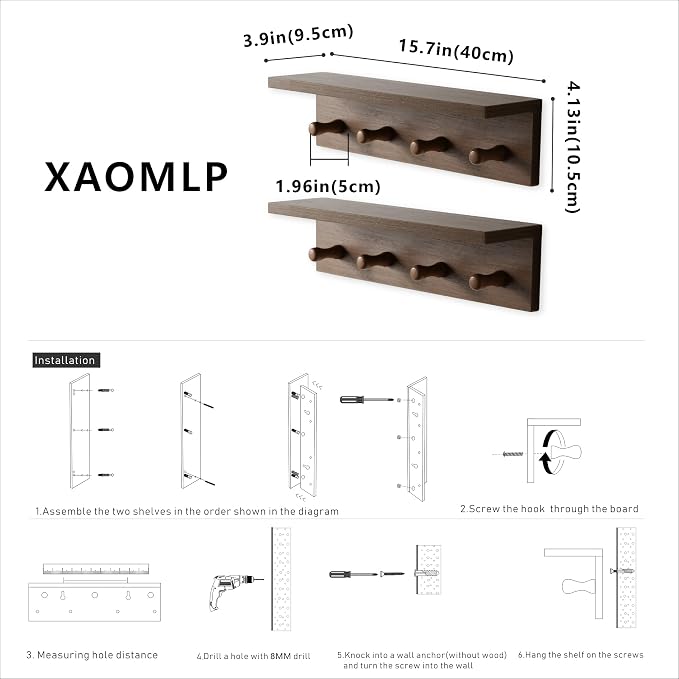 Entrance Coat Rack ，Coat Hooks, Wall-Mounted Wooden Hook Rack, Wall-Mounted Shelves are Very Suitable (Teak Color Finish—A-2)
