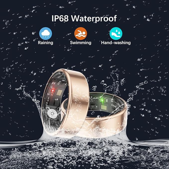 Smart Health Rings for Women Men, Fitness Tracker with Heart Rate, Blood Oxygen, HRV, Sleep Tracker, Step Tracker, No Subscription Fee, IP68 Waterproof Smart Ring for iphone & Android (Gold, 14#)