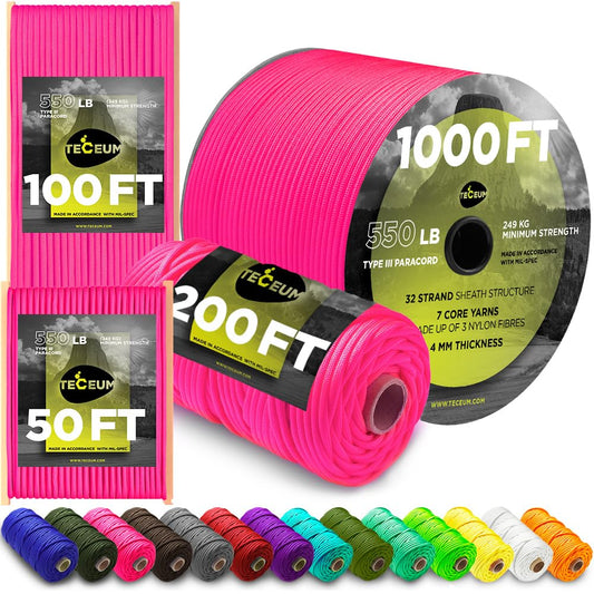 TECEUM Paracord Type III 550 Sofit Pink – 200 ft – 4mm – Tactical Rope MIL-SPEC – Outdoor para Cord –Camping Hiking Fishing Gear and Equipment – EDC Parachute Cord – Strong Survival Rope 315