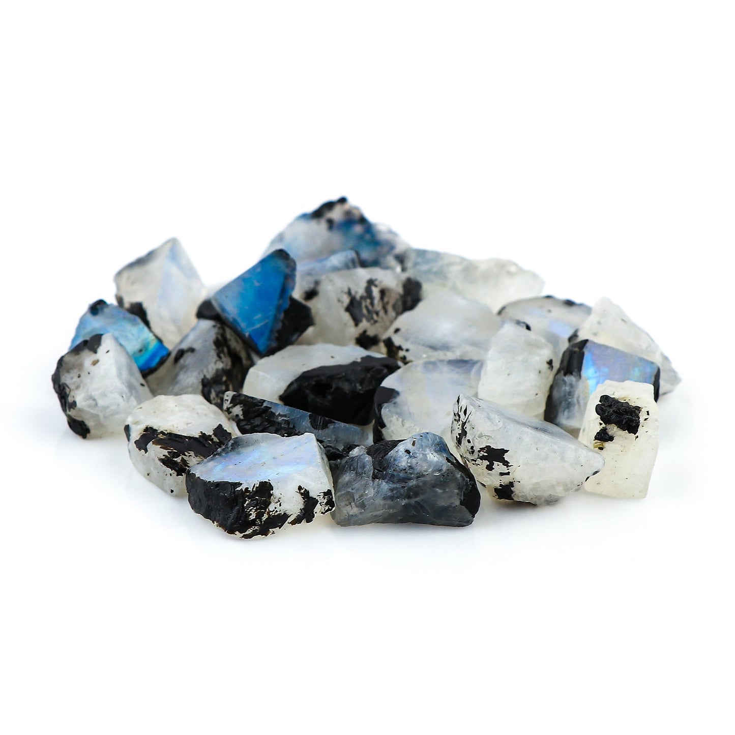 Gemkora 100 ct. Natural Blue Flash Raw Tourmilated Moonstone Crystal Rough Gemstone, Rock, Jewelry Making Supplies, Chakra Healing, Art-DIY Stone, (10 to 12 pcs) (10-15mm)