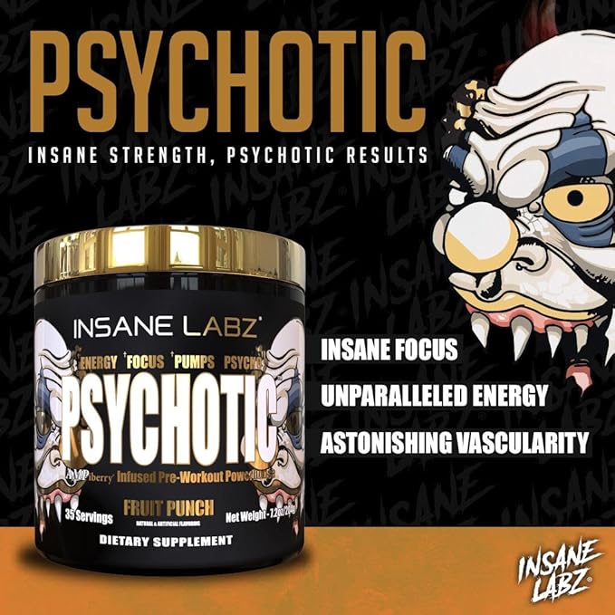 Insane Labz Psychotic Gold, High Stimulant Pre Workout Powder, Extreme Lasting Energy Focus, Pumps and Endurance with Beta Alanine, DMAE Bitartrate, NO Booster (35 Servings, Grape)