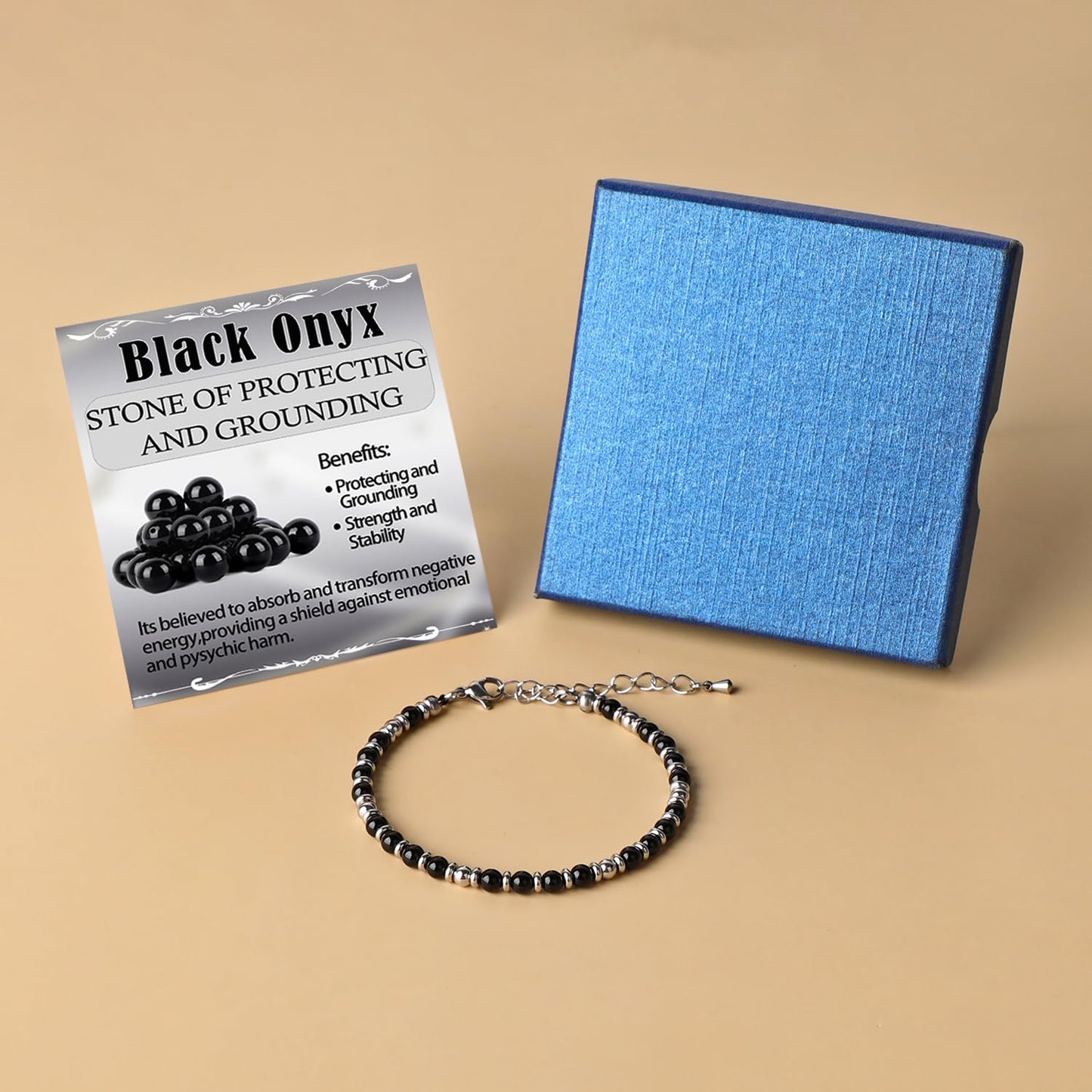 4mm Black Onyx Tiny Beaded Bracelets For Women, Energy Gem Charm Jewelry Adjustable Bracelet Gifts for Mom, Daughter, Wife, Coworkers, Friends, Bestie