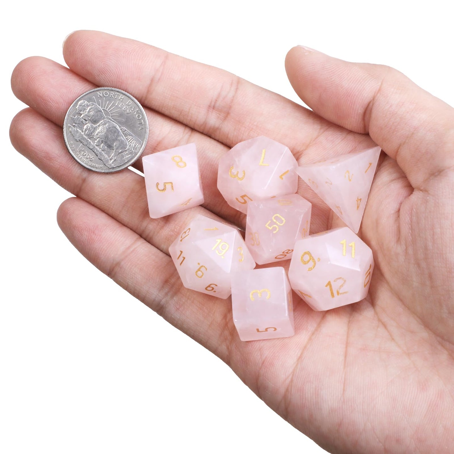 mookaitedecor 7 PCS Rose Quartz Crystal Polyhedral DND Dice Set, Polished Tumbled Stones Dices for RPG MTG Table Games Home Decoration